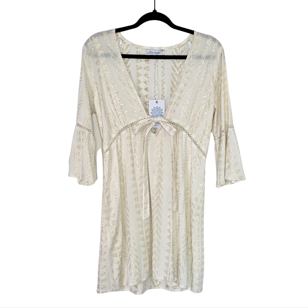 Blue Island Swim Cover-Up Dress Tie Front Bell Sleeve Cream/Gold Size Small